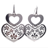Sterling silver double heart earrings, open polished heart above floral filigree cut-out heart