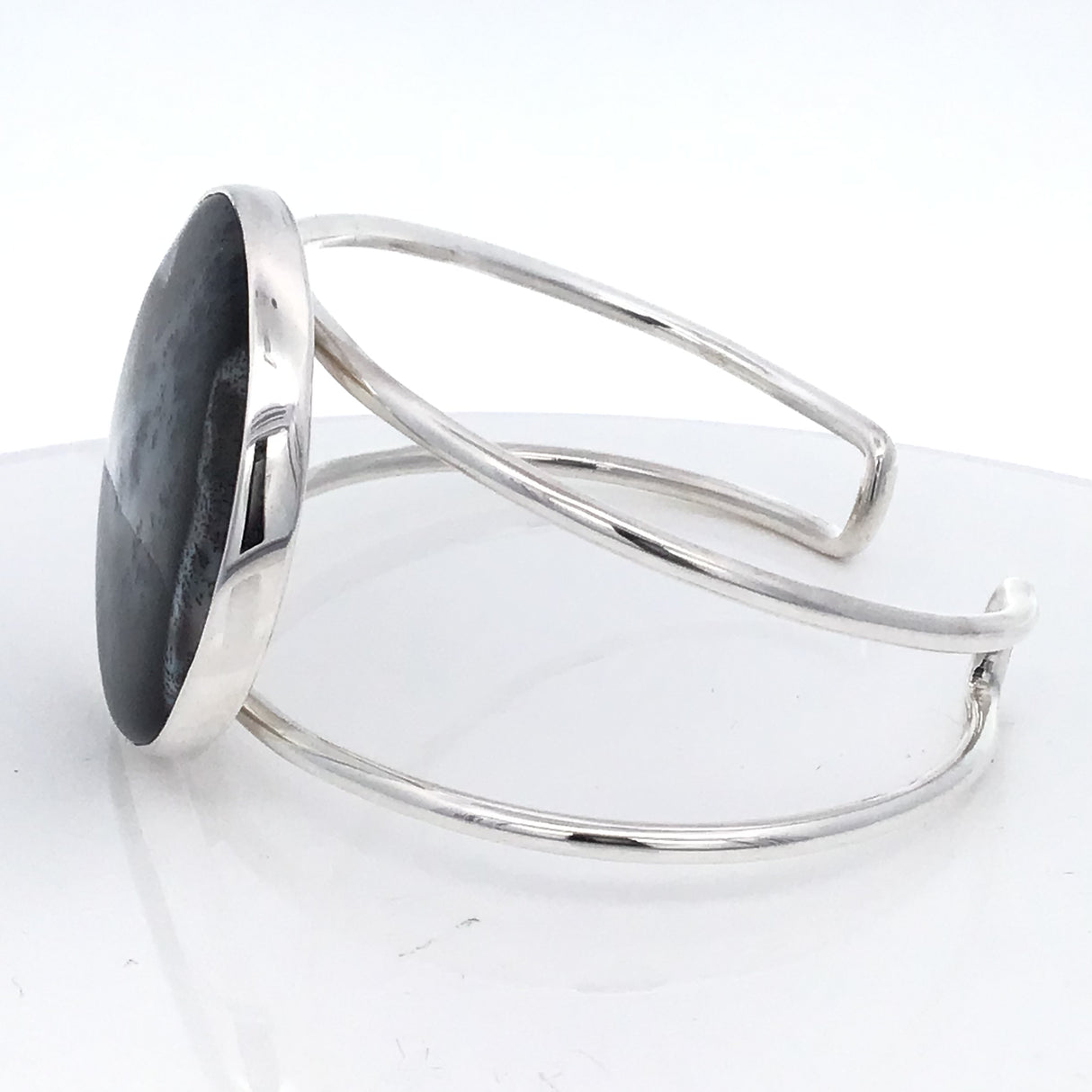 Dendritic Opal Cabochon Classic Double Row Silver Cuff - Simple Bezel Set - Round