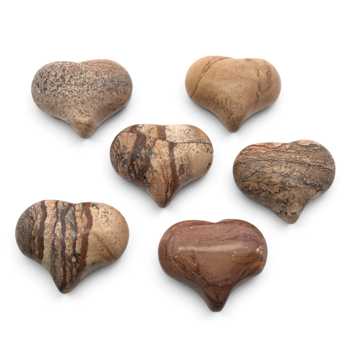 Six puffy picture jasper hearts in tan and brown, with scenic landscape-like banding
