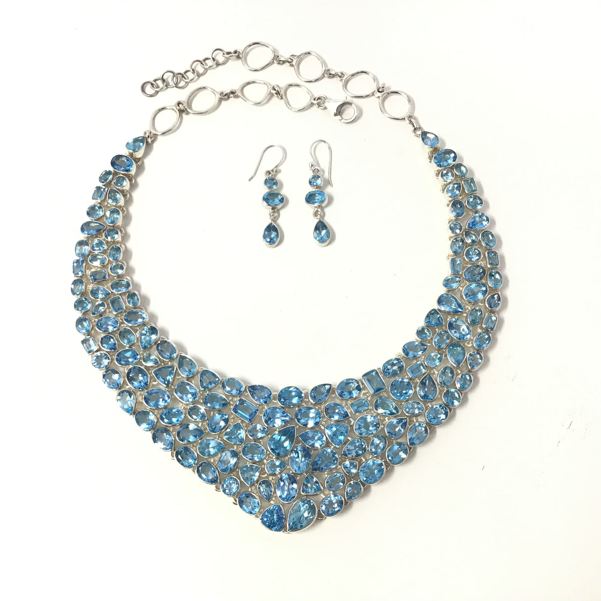 Faceted Blue Topaz Collar Necklace & Earrings Set - Demi-Collar with Dangle Earrings