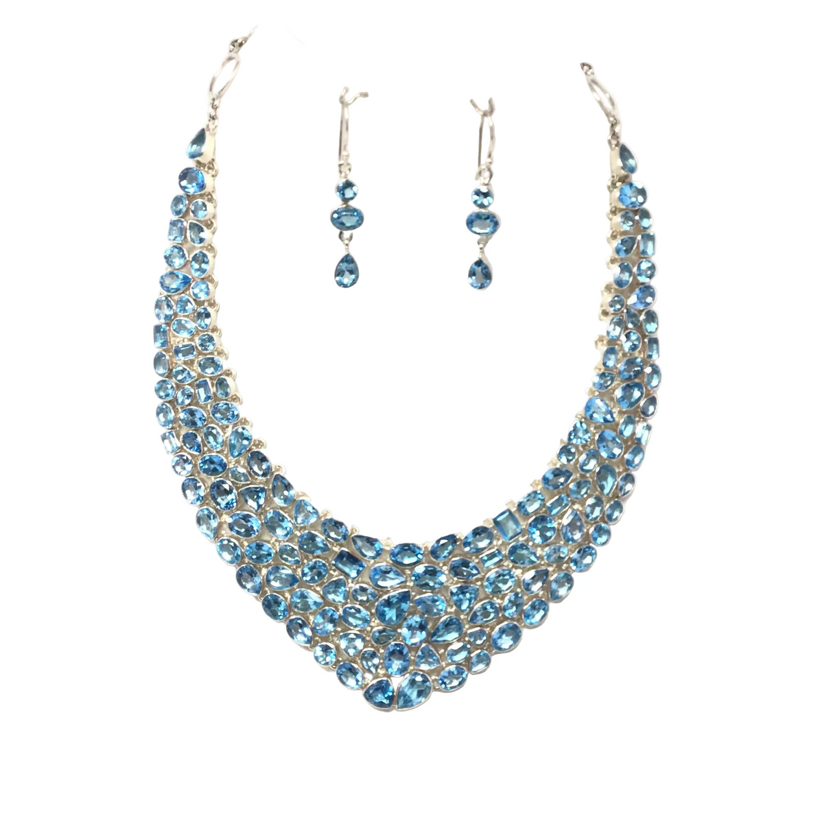Faceted Blue Topaz Collar Necklace & Earrings Set - Demi-Collar with Dangle Earrings