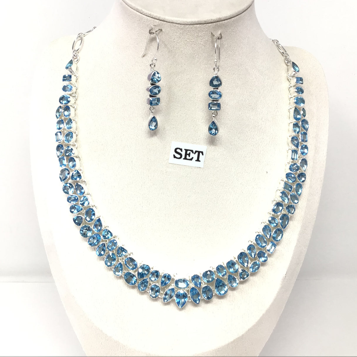 Faceted Blue Topaz Double Row Collar Necklace with Dangle Earrings