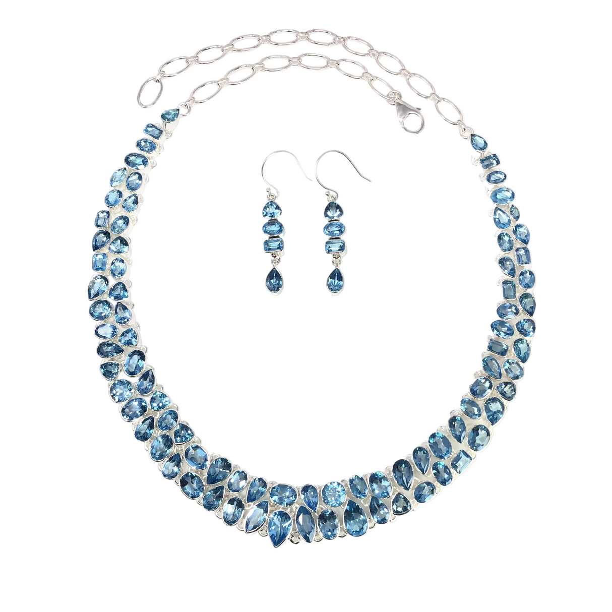 Faceted Blue Topaz Double Row Collar Necklace with Dangle Earrings