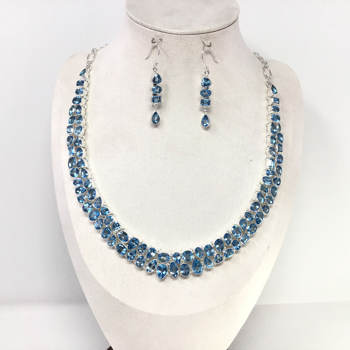 Faceted Blue Topaz Double Row Collar Necklace with Dangle Earrings