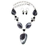 Dendritic Agate & Opal Cabochon Necklace & Earrings Set with Biwa Pearls & Faceted Quartz & Black Onyx
