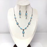 Larimar Sharp Oval Designer Necklace & Earrings Set with Faceted Blue Topaz & Studded Bows