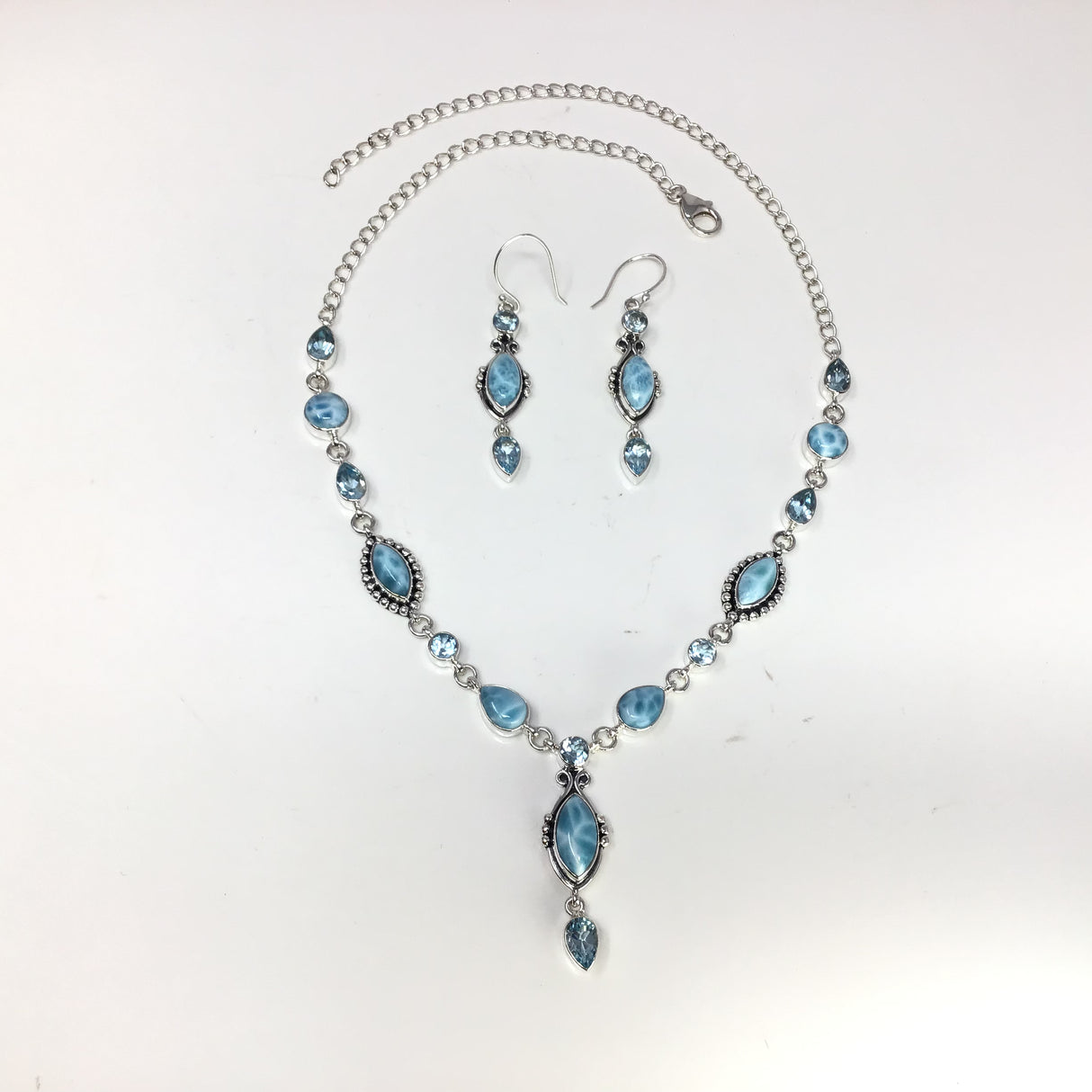 Larimar Sharp Oval Designer Necklace & Earrings Set with Faceted Blue Topaz & Studded Bows