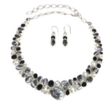 Dendritic Opal & Faceted Gems Double Row Collar Necklace & Earrings Set with Quartz & Black Onyx