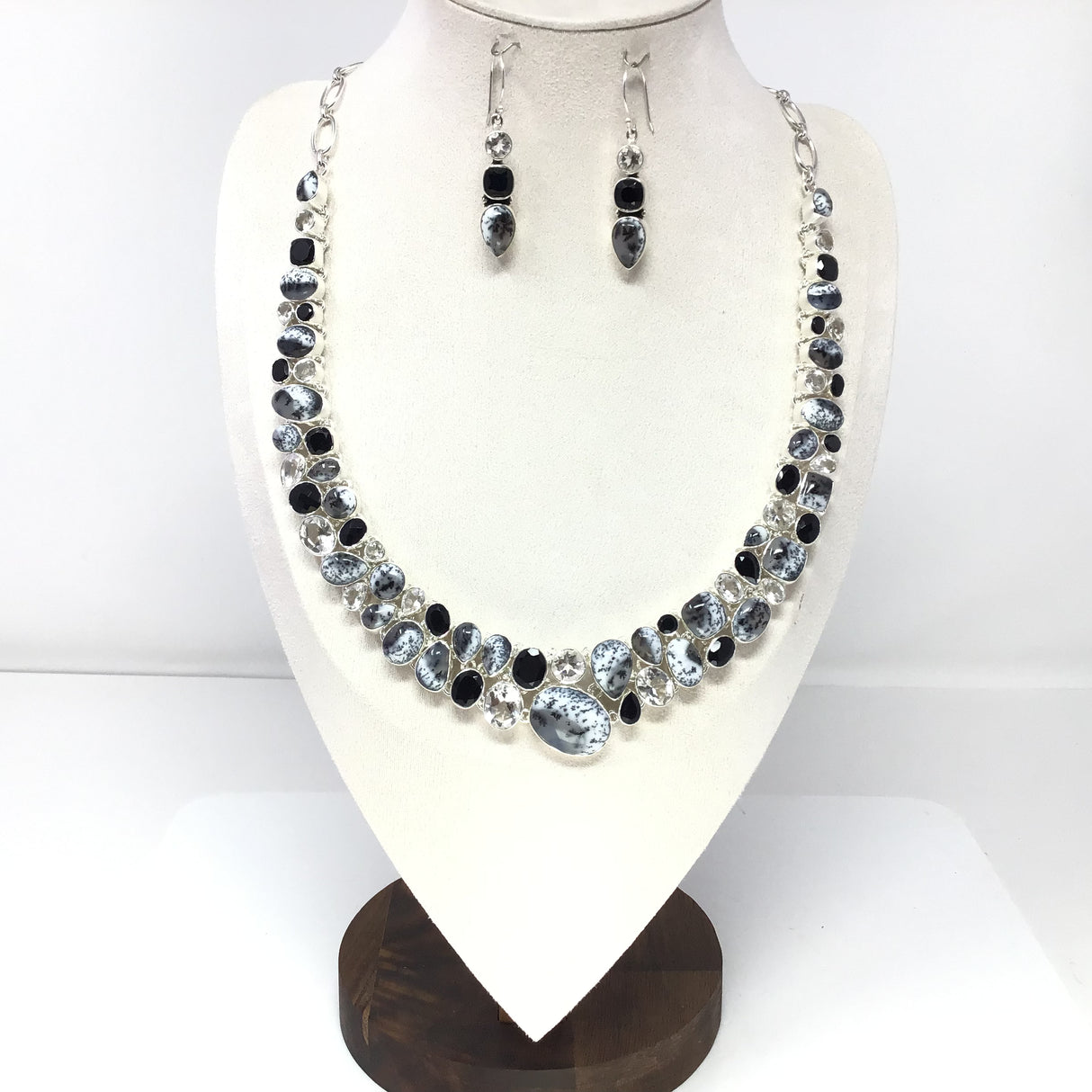 Dendritic Opal & Faceted Gems Double Row Collar Necklace & Earrings Set with Quartz & Black Onyx