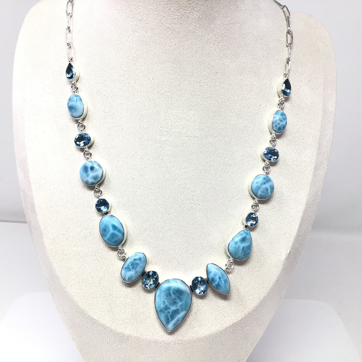 Excellent Larimar & Blue Topaz Necklace on Long Box Chain