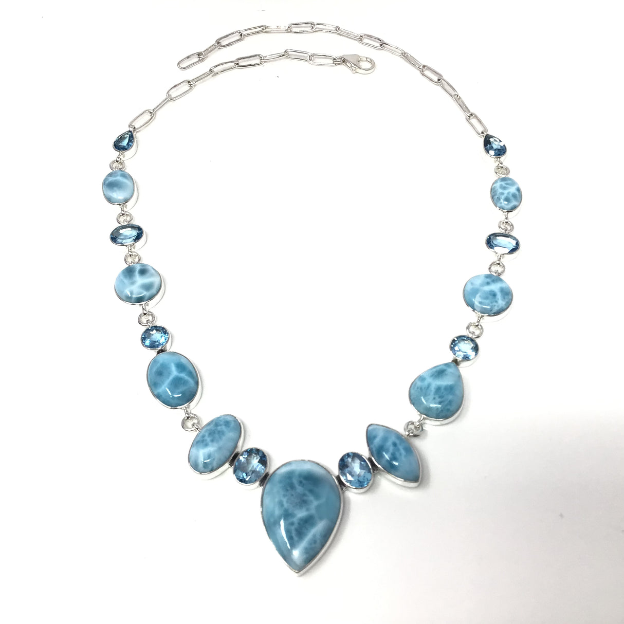Excellent Larimar & Blue Topaz Necklace on Long Box Chain