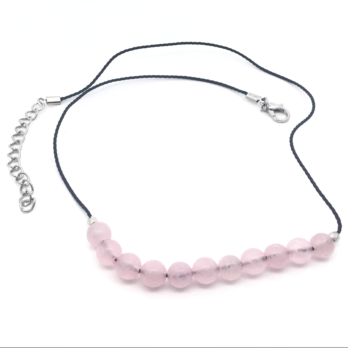 Rose Quartz 6mm Bead Necklace On Cord Choker With Extension