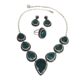 Emerald Set (Necklace; Earrings; Ring) 7 Classic Faceted Pears With Marcasite & Silver Crystals With Single Faceted Pear Earrings & Double Band Ring Szadj