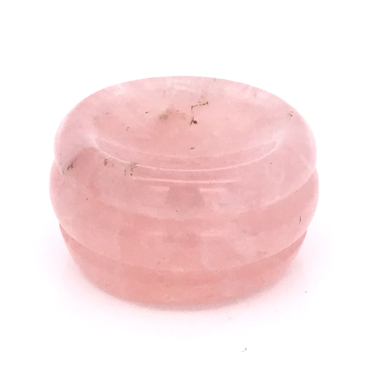 Pale pink rose quartz gemstone sphere stand disc showing natural veining against a white backdrop