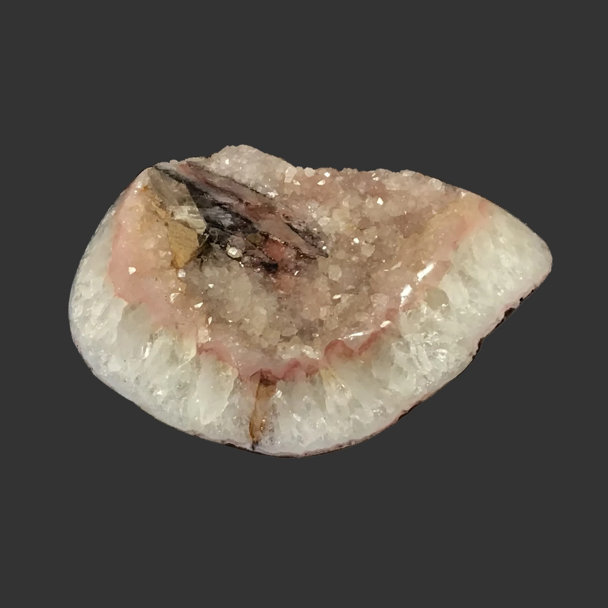 Polished Rose Agate Druze Geode Freeform with Calcite Crystal Cross Section