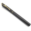 Capped Muonionalusta meteorite pen shown full length, gold clip topped with a crosshatched meteorite pennant