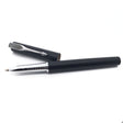 Muonionalusta meteorite pen in matte black with chrome trim, cap off and meteorite pennant inlaid on the clip