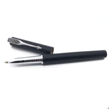 Muonionalusta meteorite pen in matte black with chrome trim, cap off and meteorite pennant inlaid on the clip
