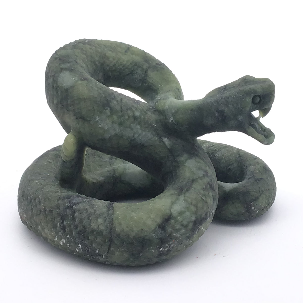 Green Hair Jasper Ready to Strike Snake Carving