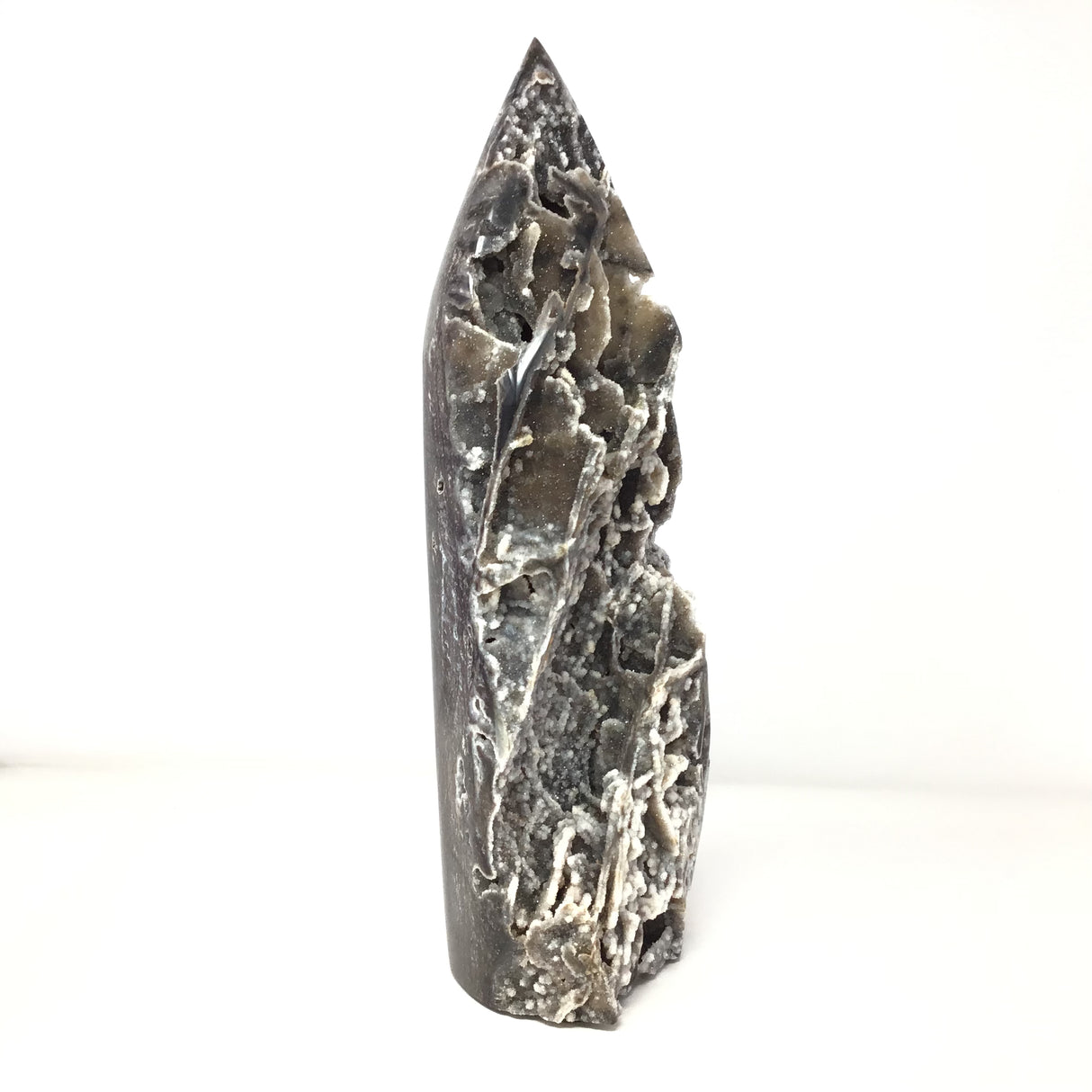 Statement Black Sphalerite Druze Geode Flame with Caverns and Stalactites