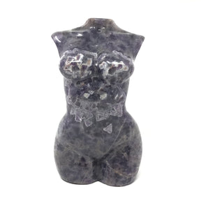Rare Earth Gallery 10" chevron amethyst female torso carving with purple and white banded patterns on front.