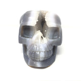 Splitting Headache Druze Agate Geode Skull Carving - Periwinkle Blue Agate