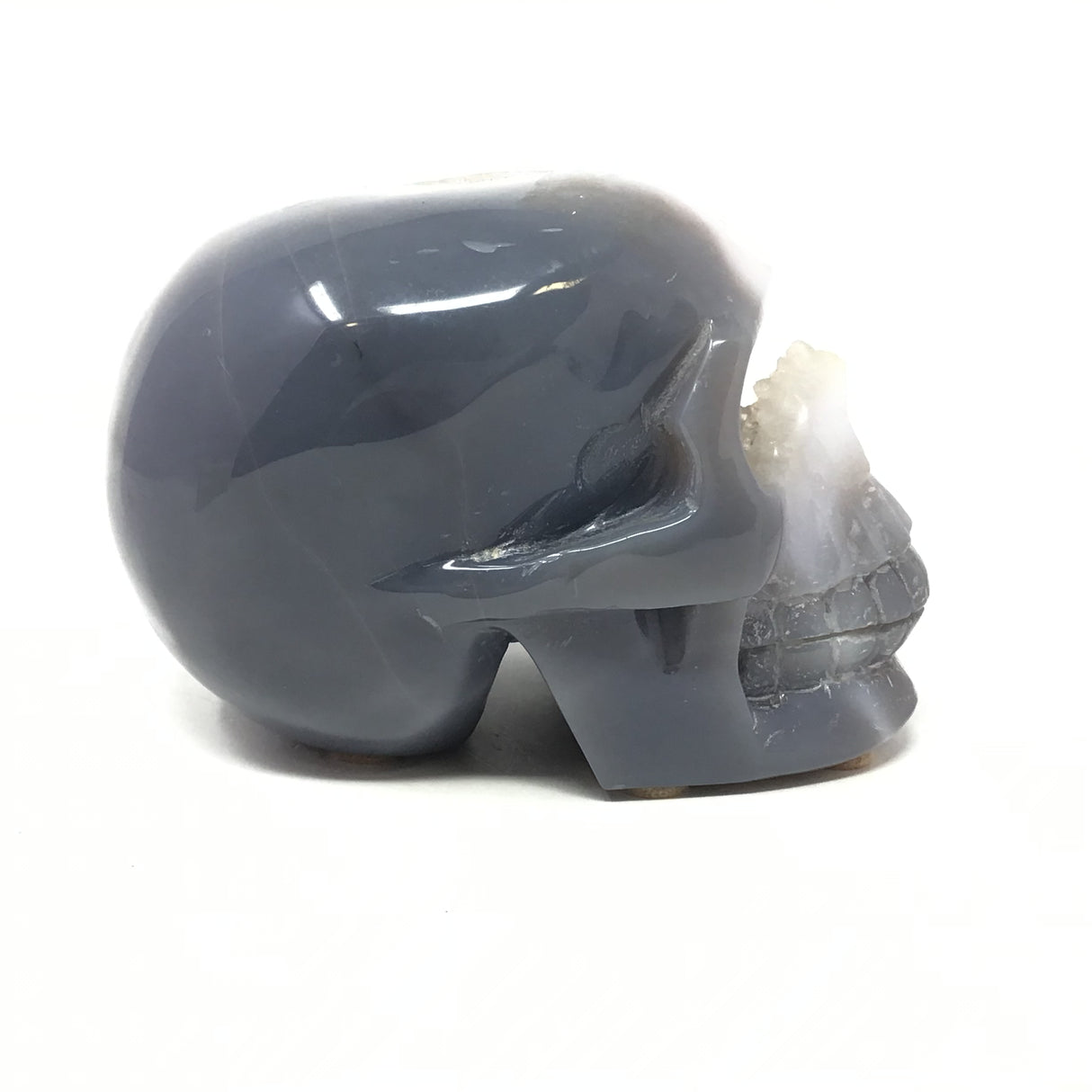 Splitting Headache Druze Agate Geode Skull Carving - Periwinkle Blue Agate