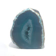 Teal dyed agate mini geode end cut, polished face with open druzy quartz pocket, cut base