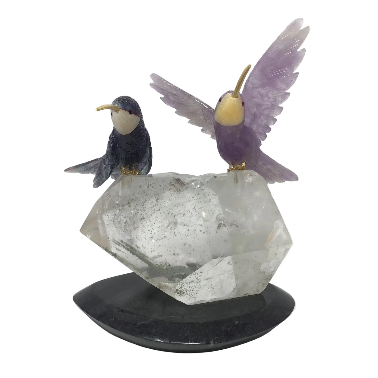Hand-Carved Purple Fluorite & Amethyst Hummingbird Duo Perched on Faceted Quartz & Lodolite Phantom Crystal with Black Marble Base