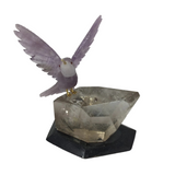 Hand-Carved Amethyst Hummingbird Perched on Faceted Clear Smoky Quartz Crystal with Black Marble Base