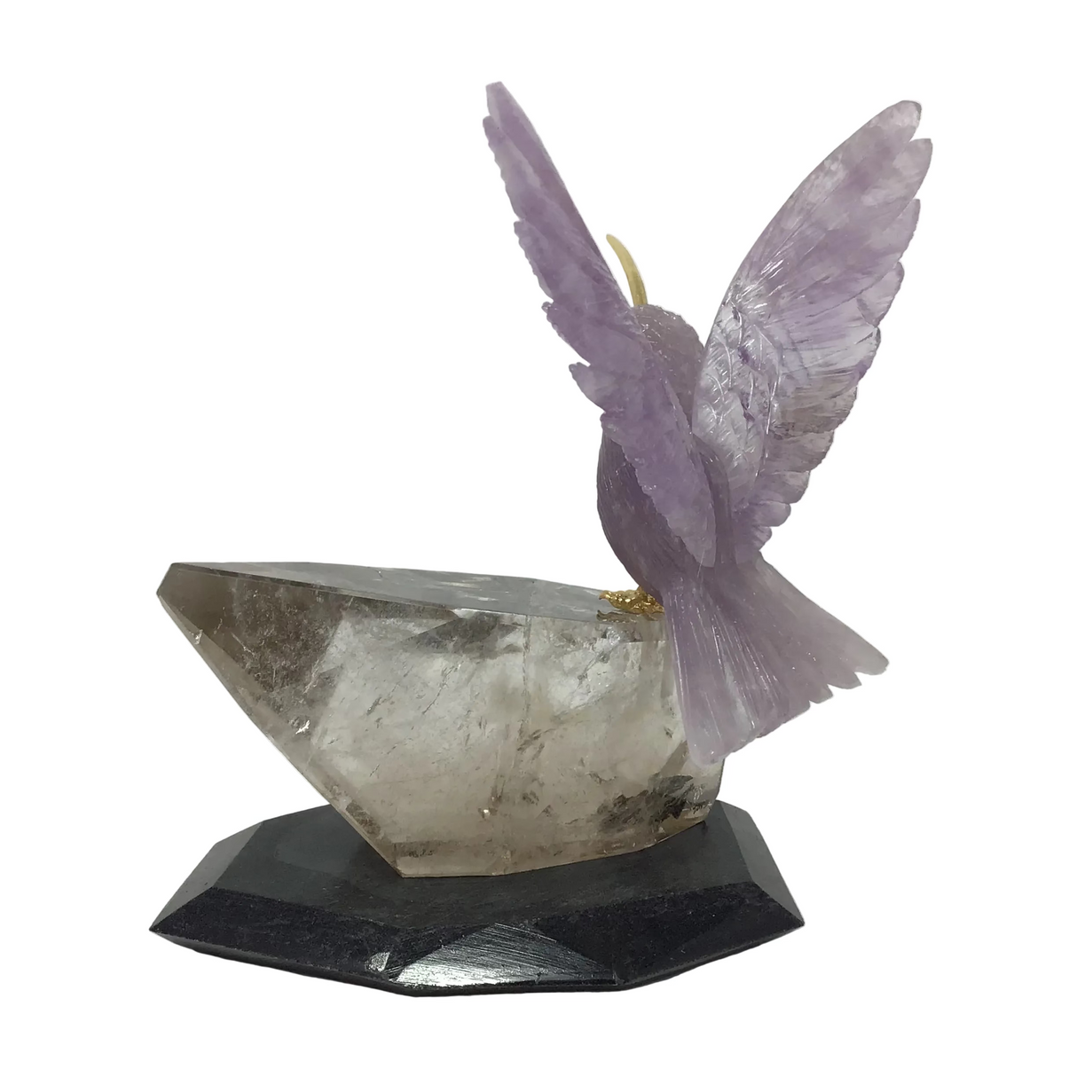 Hand-Carved Amethyst Hummingbird Perched on Faceted Clear Smoky Quartz Crystal with Black Marble Base