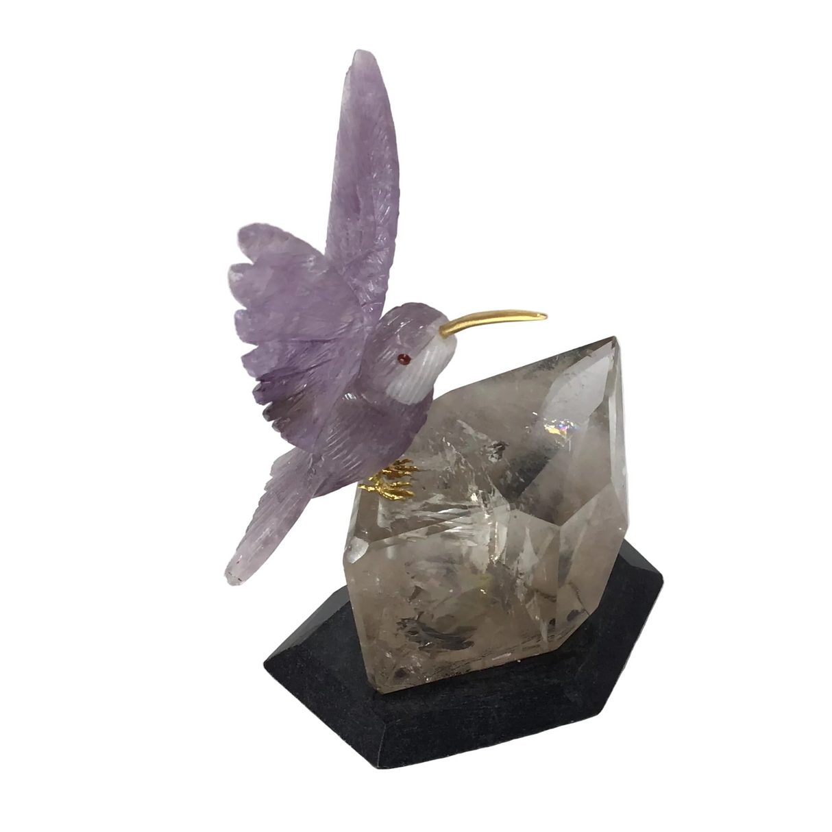 Hand-Carved Amethyst Hummingbird Perched on Faceted Clear Smoky Quartz Crystal with Black Marble Base