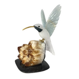 Hand-Carved Quartz & Aquamarine Hummingbird Perched on Citrine Crystal Cluster with Black Marble Base