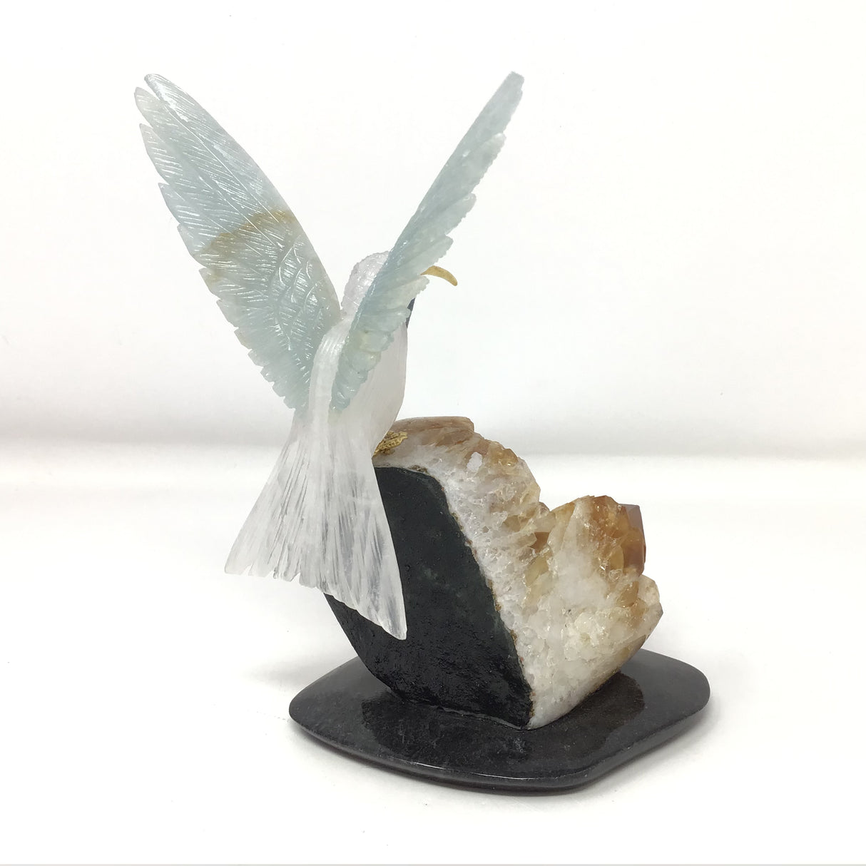 Hand-Carved Quartz & Aquamarine Hummingbird Perched on Citrine Crystal Cluster with Black Marble Base