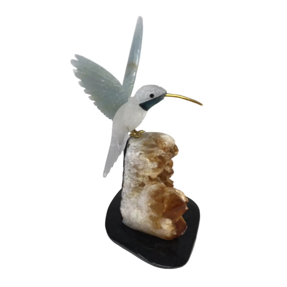 Hand-Carved Quartz & Aquamarine Hummingbird Perched on Citrine Crystal Cluster with Black Marble Base
