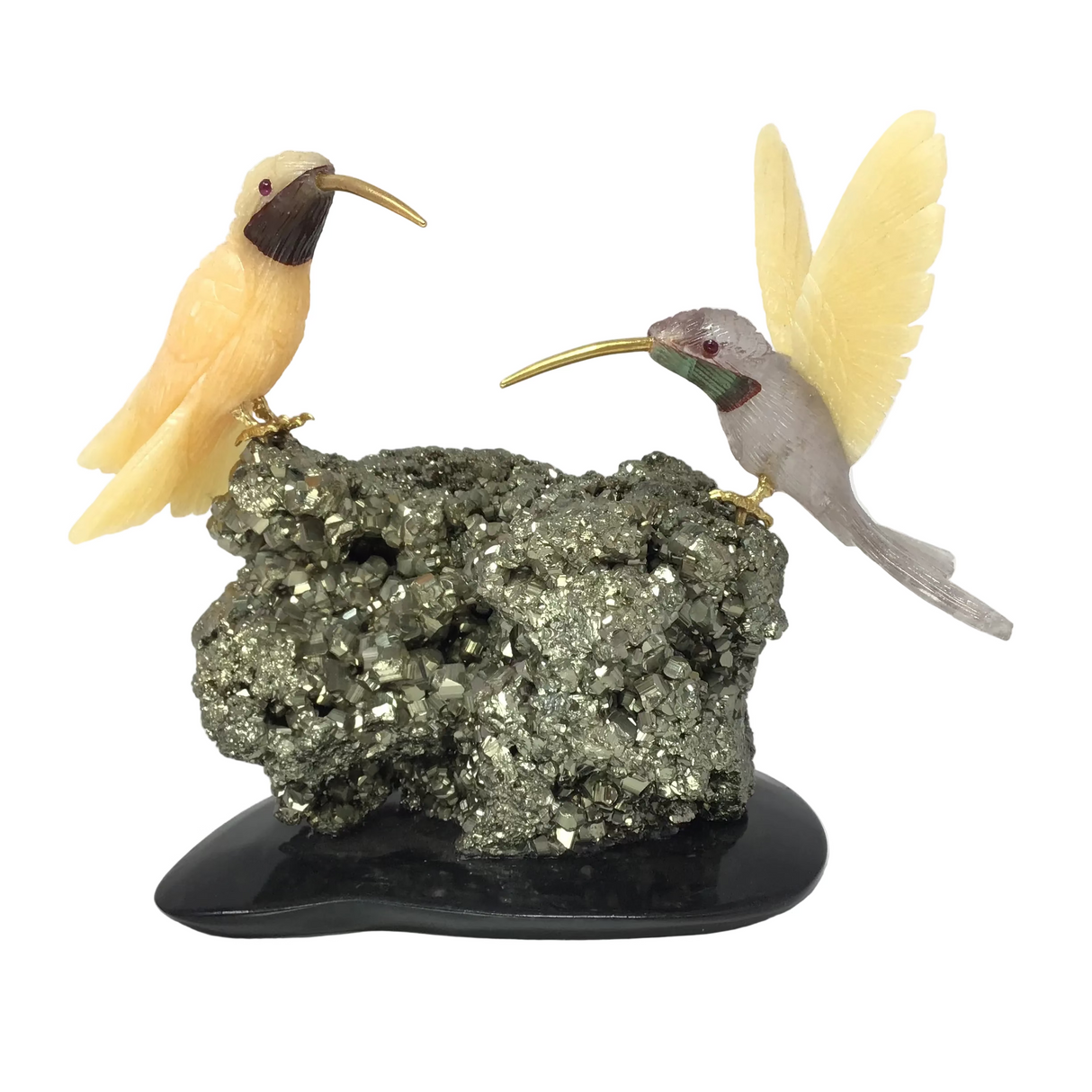 Hand-Carved Calcite & Fluorite Hummingbird Duo Perched on Pyrite Cluster & Black Marble Base