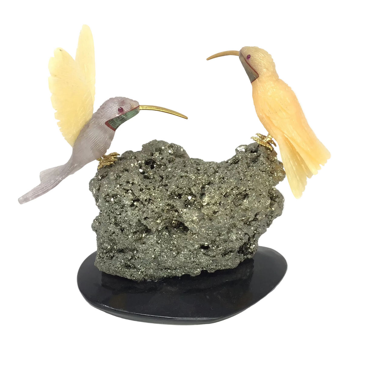 Hand-Carved Calcite & Fluorite Hummingbird Duo Perched on Pyrite Cluster & Black Marble Base
