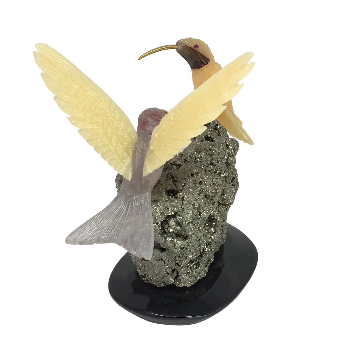 Hand-Carved Calcite & Fluorite Hummingbird Duo Perched on Pyrite Cluster & Black Marble Base