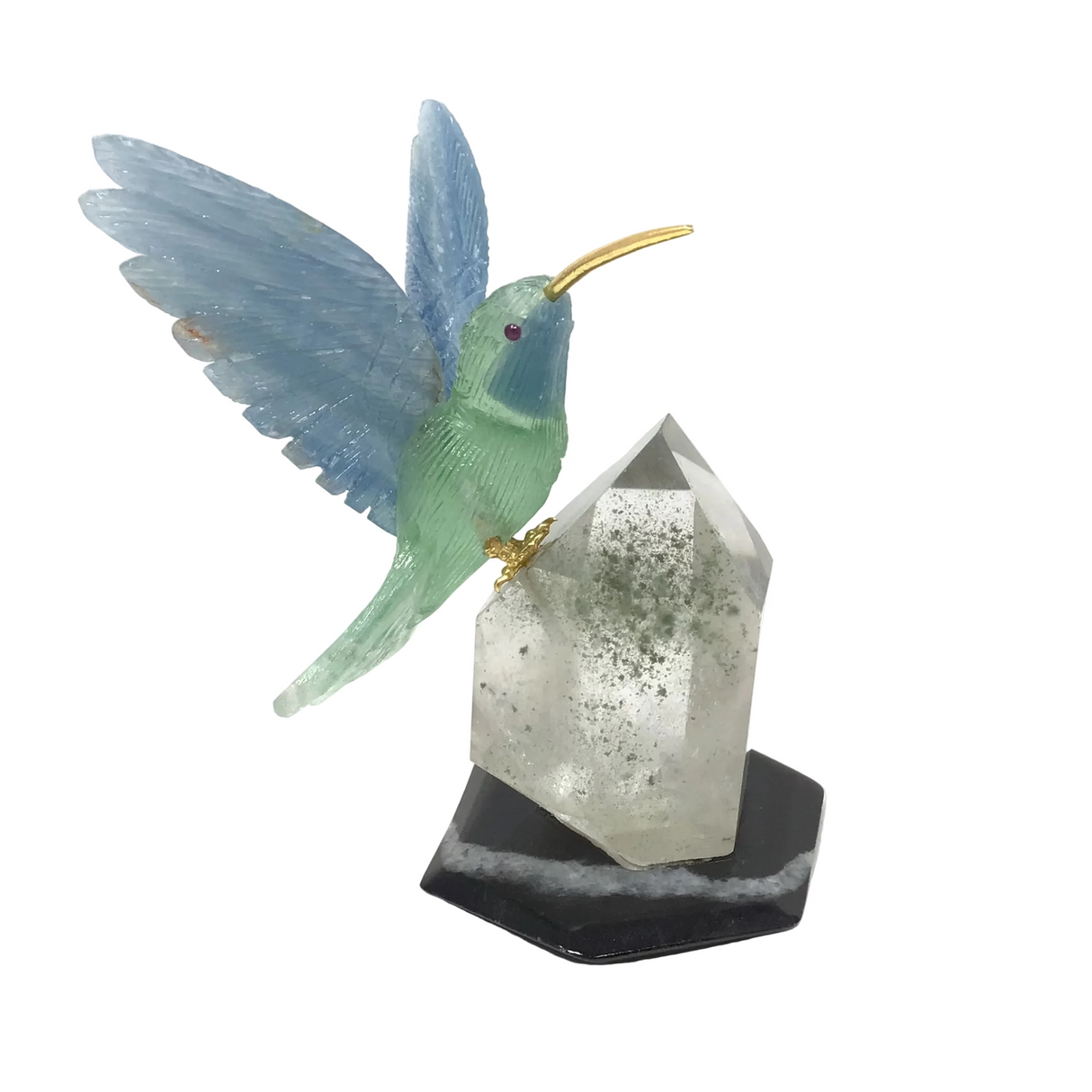 Hand-Carved Blue Calcite & Green Fluorite Hummingbird Perched on Lodolite Quartz Crystal with Black Marble Base