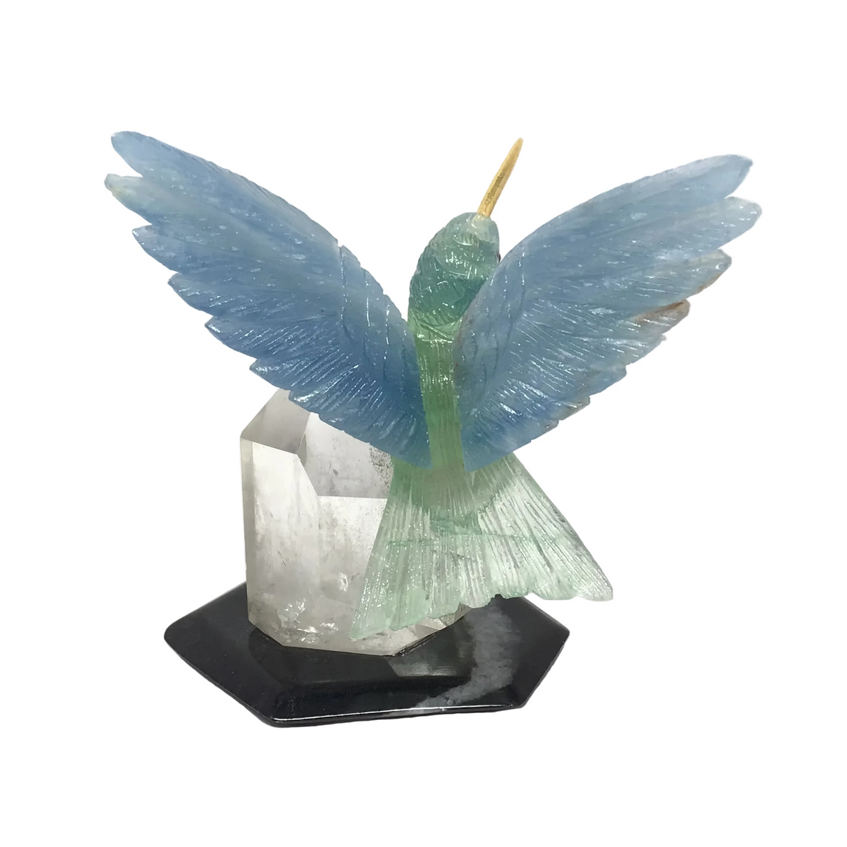 Hand-Carved Blue Calcite & Green Fluorite Hummingbird Perched on Lodolite Quartz Crystal with Black Marble Base