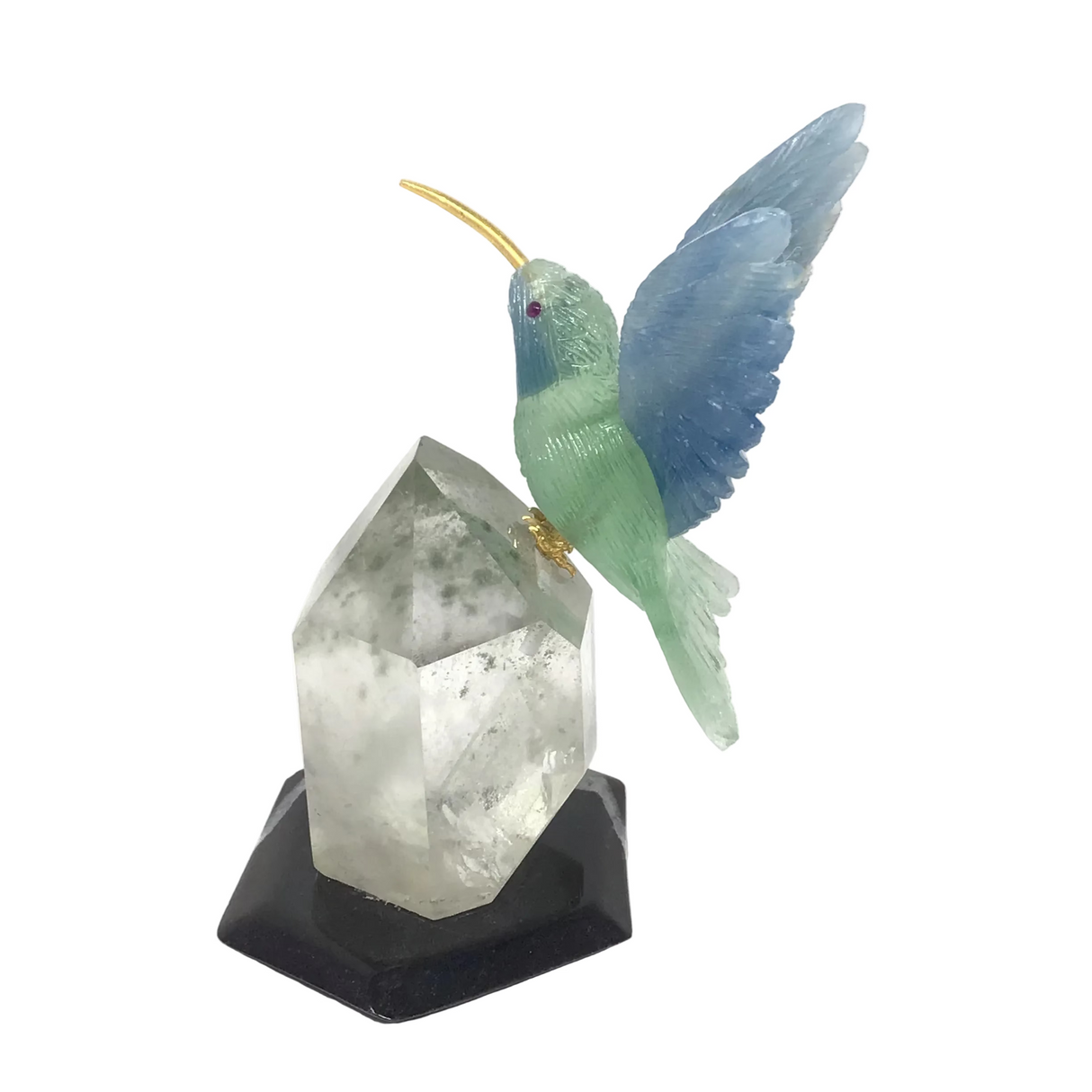 Hand-Carved Blue Calcite & Green Fluorite Hummingbird Perched on Lodolite Quartz Crystal with Black Marble Base
