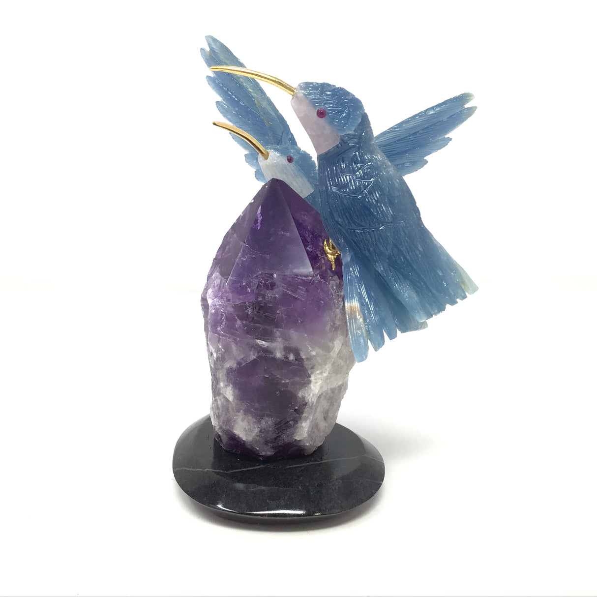 Hand-Carved Blue Calcite Hummingbird Duo Perched on Gemmy Amethyst Crystal Point with Black Marble Base