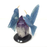 Hand-Carved Blue Calcite Hummingbird Duo Perched on Gemmy Amethyst Crystal Point with Black Marble Base