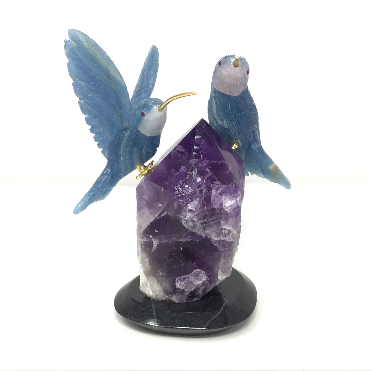 Hand-Carved Blue Calcite Hummingbird Duo Perched on Gemmy Amethyst Crystal Point with Black Marble Base