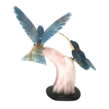 Hand-Carved Blue Calcite Hummingbird Duo Perched on Carved Rose Quartz Tree Trunk with Black Marble Base
