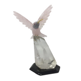 Hand-Carved Rose Quartz Hummingbird Perched on Faceted Clear Quartz Crystal - Black Marble Base & Fluorite Cheeks