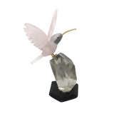 Hand-Carved Rose Quartz Hummingbird Perched on Faceted Clear Quartz Crystal - Black Marble Base & Fluorite Cheeks