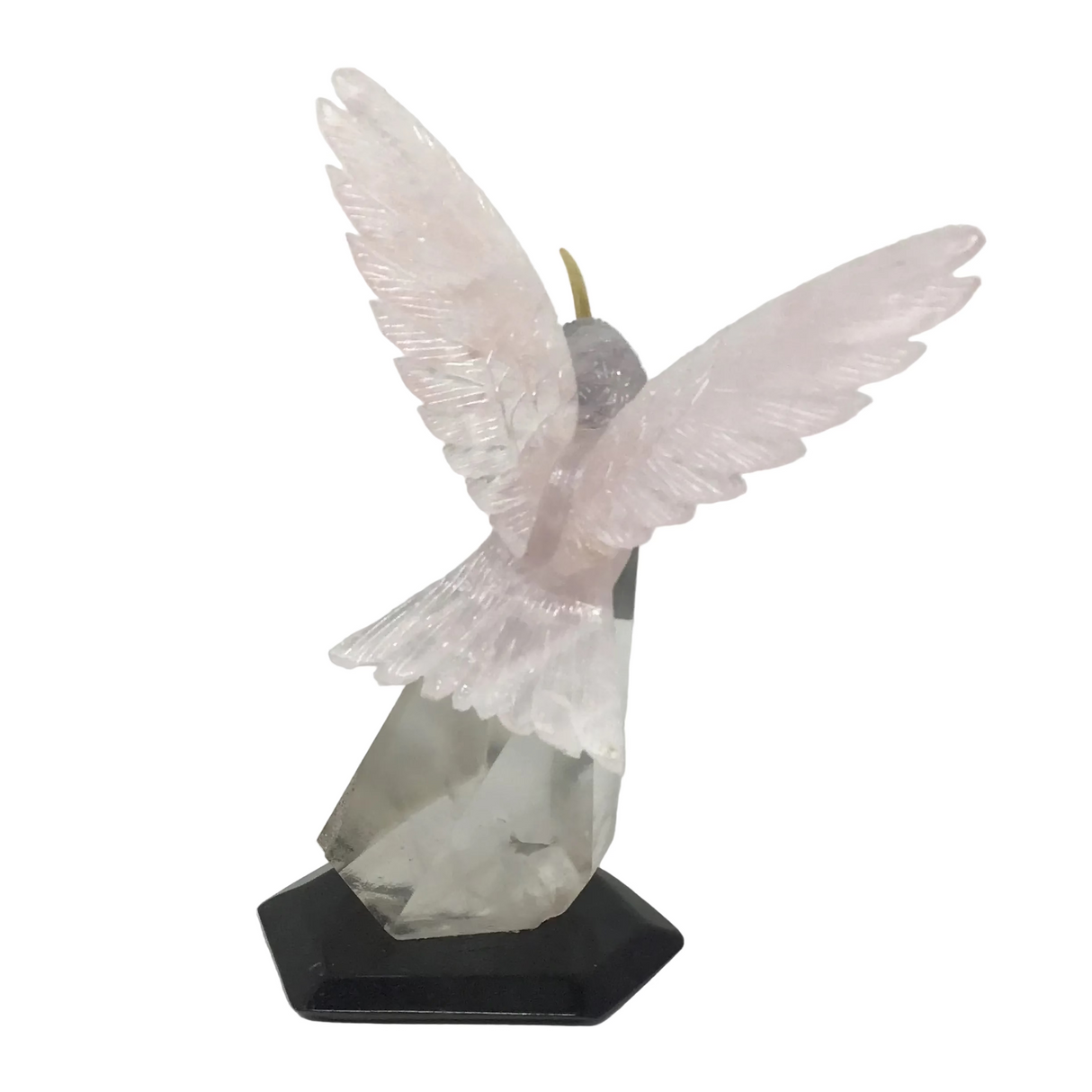 Hand-Carved Rose Quartz Hummingbird Perched on Faceted Clear Quartz Crystal - Black Marble Base & Fluorite Cheeks