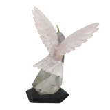 Hand-Carved Rose Quartz Hummingbird Perched on Faceted Clear Quartz Crystal - Black Marble Base & Fluorite Cheeks