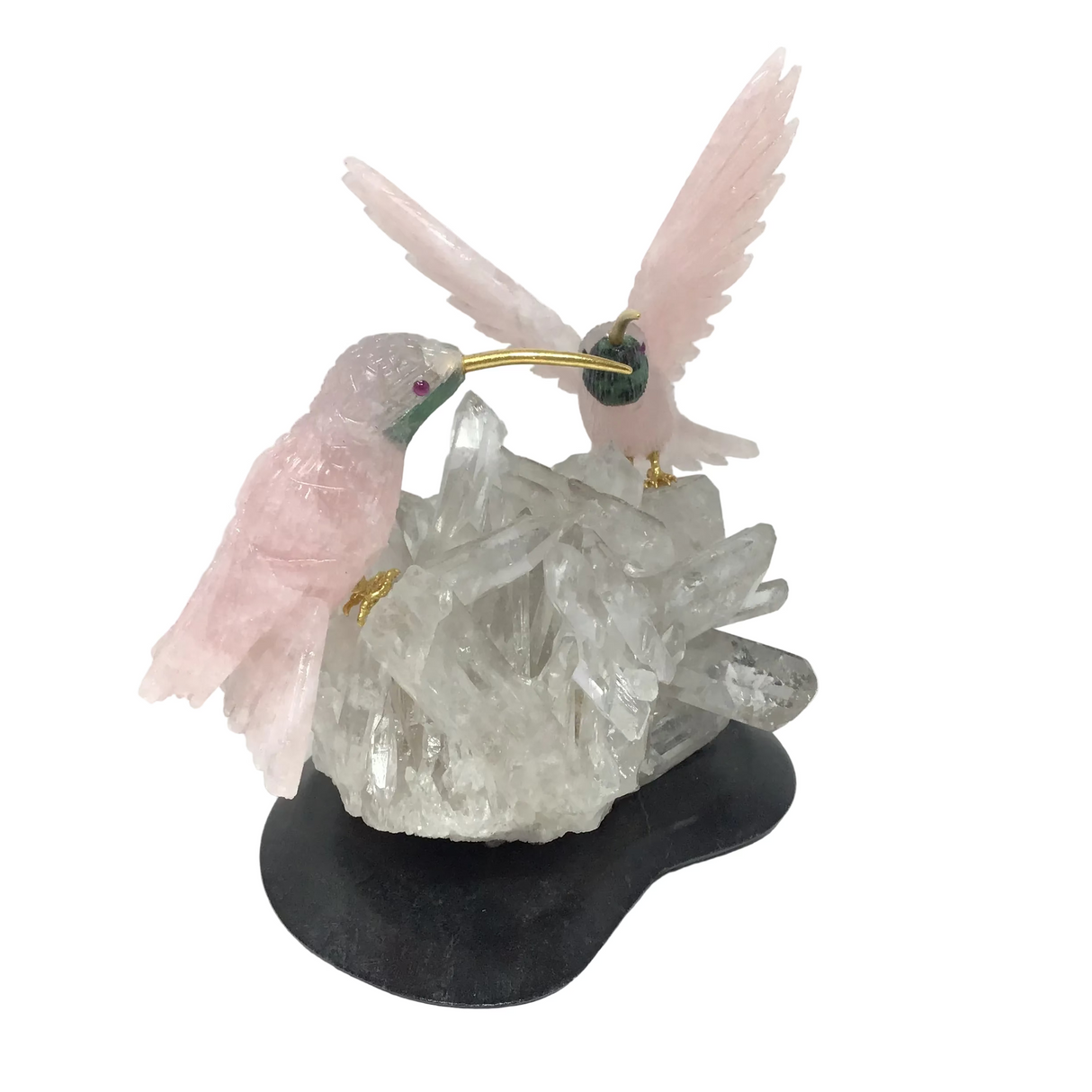 Hand-Carved Rose Quartz Hummingbird Duo Perched on Quartz Cluster with Black Marble Base - Cheeks of Ruby Zoisite